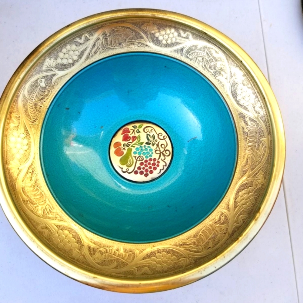 Brass & Enamel Vintage Pedastle Bowl